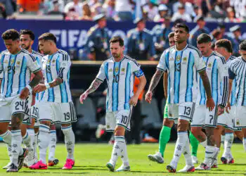 Enzo FERNANDEZ, Nicolas OTAMENDI, Lionel MESSI, Cristian ROMERO of Argentina during the 2026 FIFA World Cup - Final match between Spain and Argentina at MetLife Stadium on July 19, 2026 in East Rutherford, New Jersey. (Photo by Johnny Fidelin/Icon Sport)