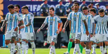 Enzo FERNANDEZ, Nicolas OTAMENDI, Lionel MESSI, Cristian ROMERO of Argentina during the 2026 FIFA World Cup - Final match between Spain and Argentina at MetLife Stadium on July 19, 2026 in East Rutherford, New Jersey. (Photo by Johnny Fidelin/Icon Sport)