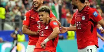 epa13083869 Emam Ashour of Egypt (2L) celebrates scoring the 1-0 with teammates during the FIFA World Cup 2026 Round of 32 match Australia against Egypt, in Dallas, USA, 03 July 2026.  EPA/JEFFREY MCWHORTER (MaxPPP TagID: epalivenine188199.jpg) [Photo via MaxPPP]